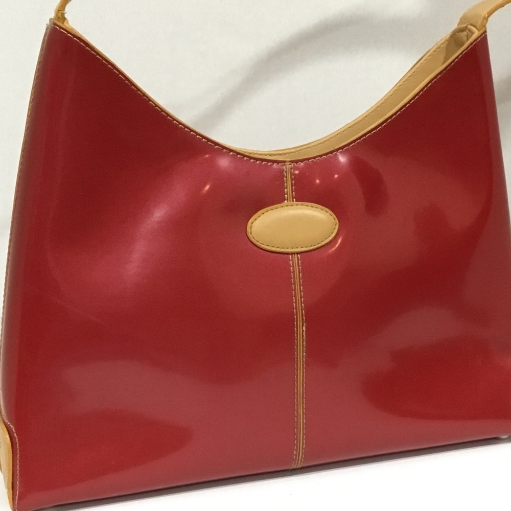 Retro Red Vinyl Hobo Handbag with Tan Straps